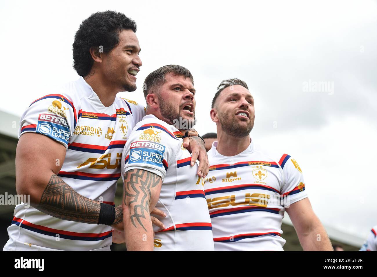 Wakefield, England - 30th July 2023  Wakefield Trinity's Liam Hood celebrates try with Renouf Atoni and Luke Gale. Rugby League  Betfred Super League , Wakefield Trinity vs Warrington Wolves at Be Well Support Stadium, Wakefield, UK Stock Photo