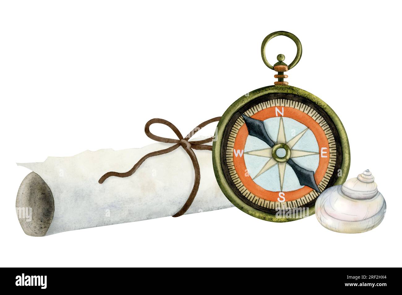 Watercolor vintage pocket compass with paper scroll and seashell. Nautical hand drawn navigation element illustration Stock Photo