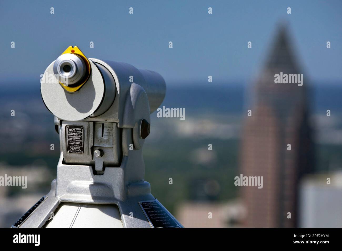 coin-operated telescope, Frankfurt landmark tower in the background, Germany, Hesse, Frankfurt am Main Stock Photo