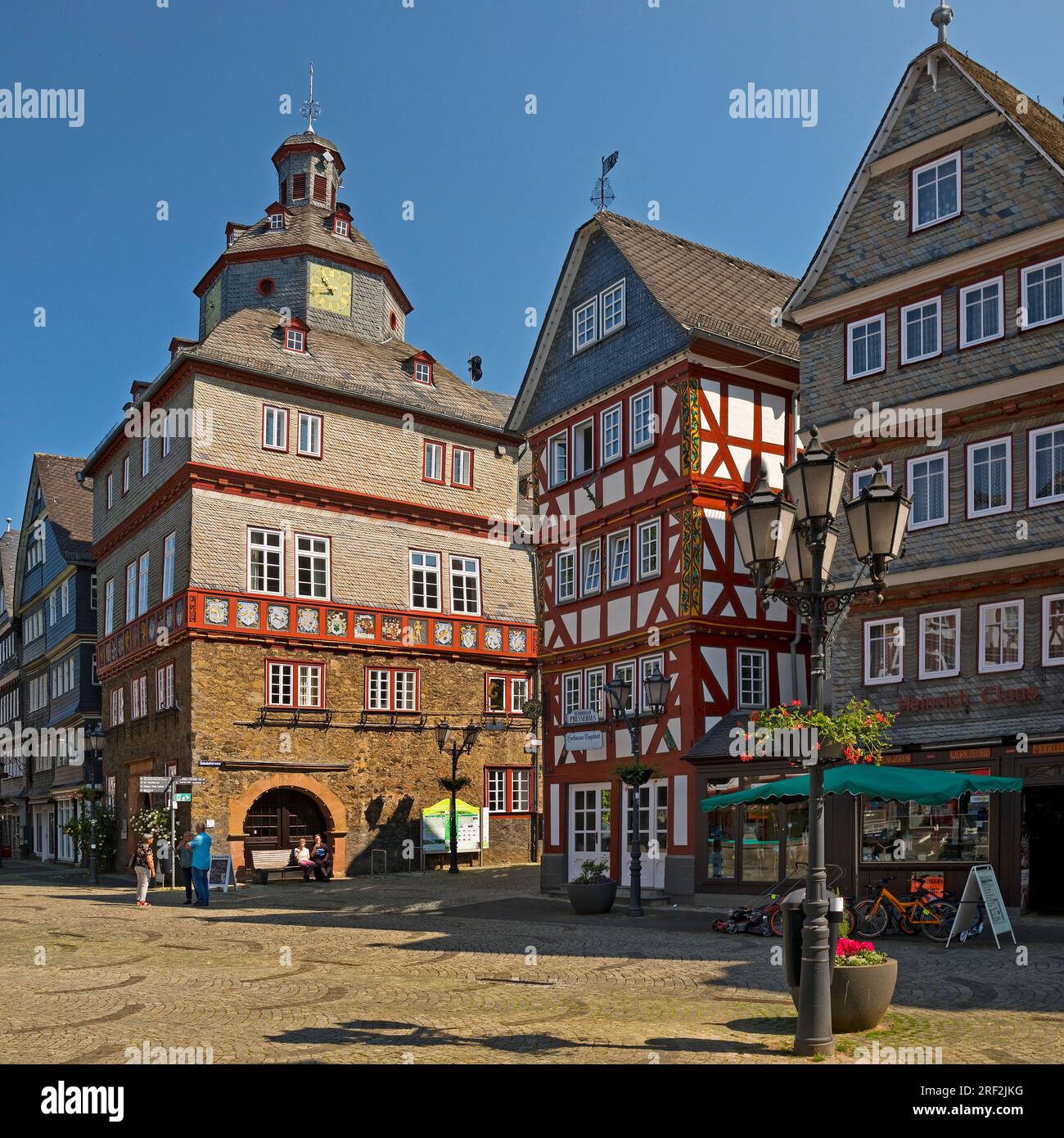 town hall with half-timbered houses at Buttermarkt in the historic old town, Germany, Hesse, Herborn Stock Photo