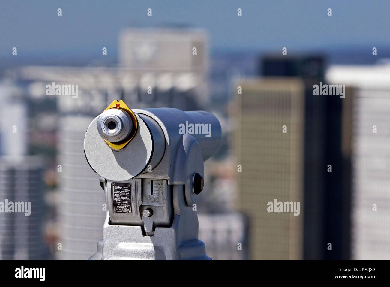 coin-operated telescope, Frankfurt landmark tower in the background, Germany, Hesse, Frankfurt am Main Stock Photo