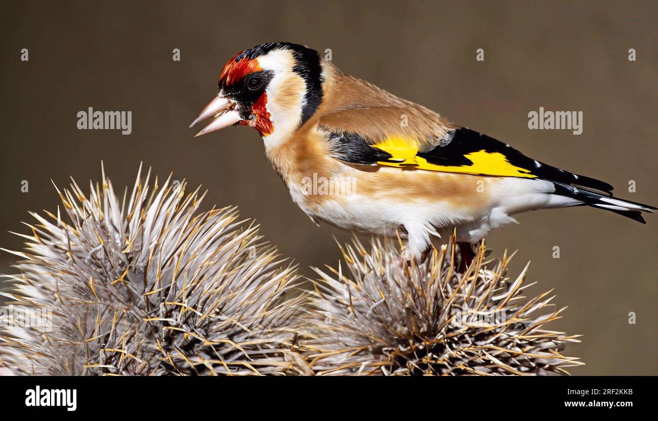 European goldfinch with juvenile plumage, feeding on the seeds of thistles. Juvenile European goldfinch or simply goldfinch, latin name Carduelis card Stock Photo
