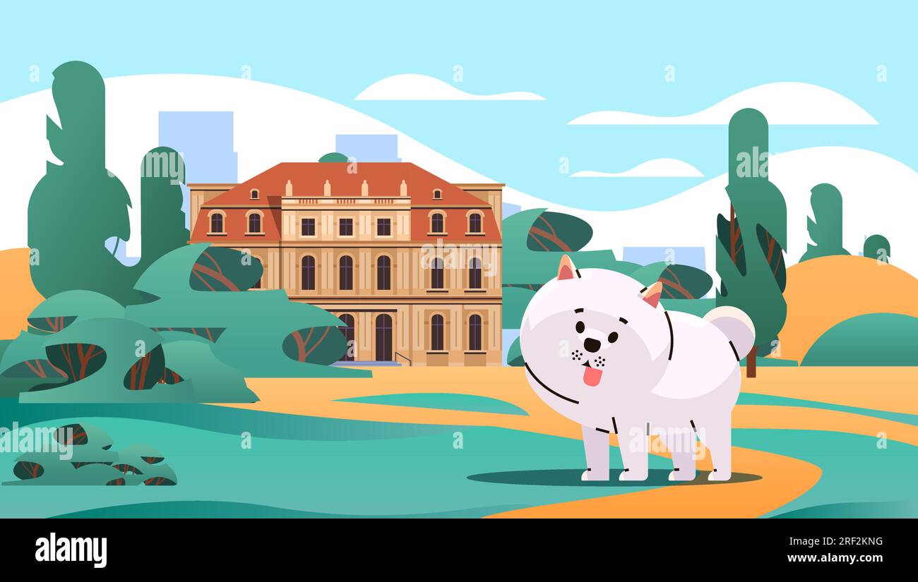 Happy national dog day greeting card cute doggy walking in urban park