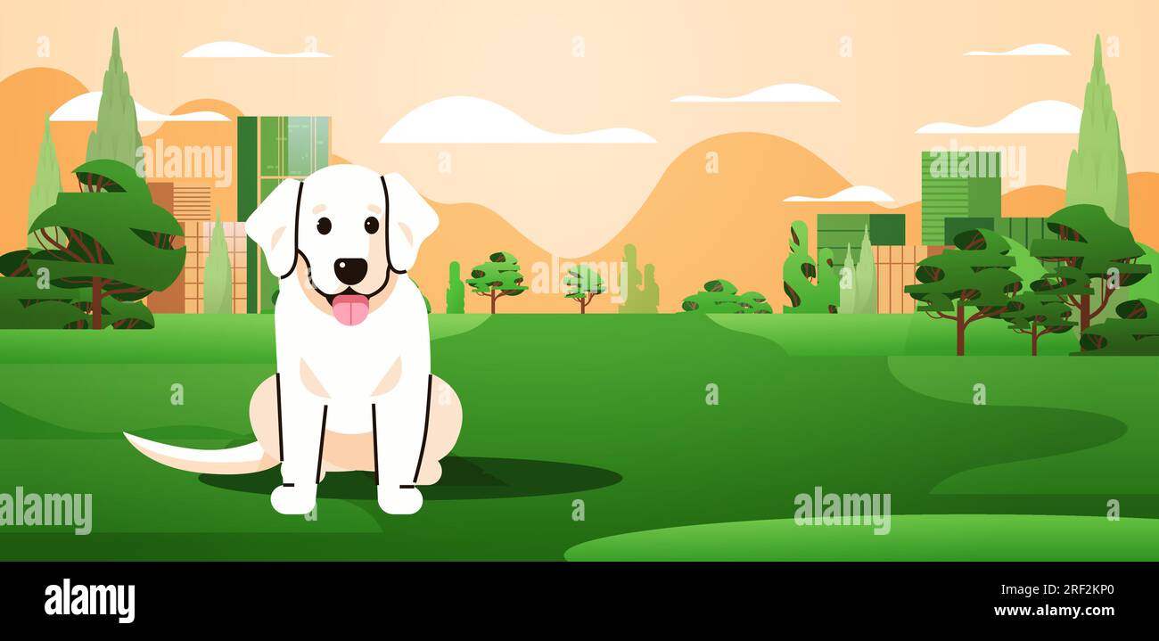 Happy national dog day greeting card cute doggy walking in urban park holiday of domestic