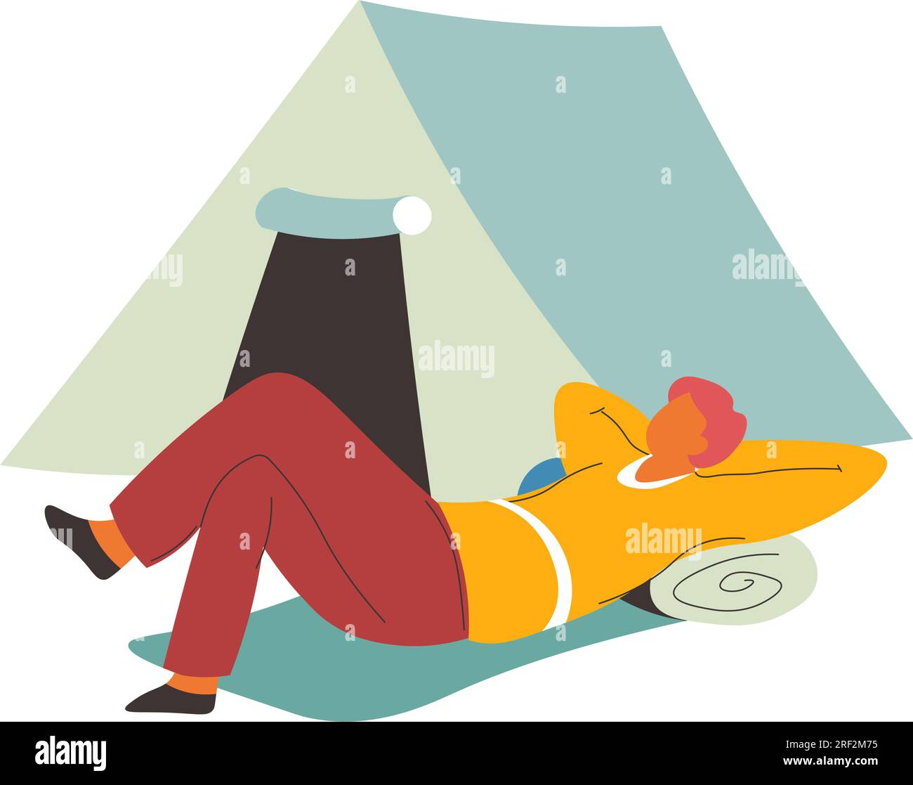 Man laying on mat by tent, camping weekends vector Stock Vector