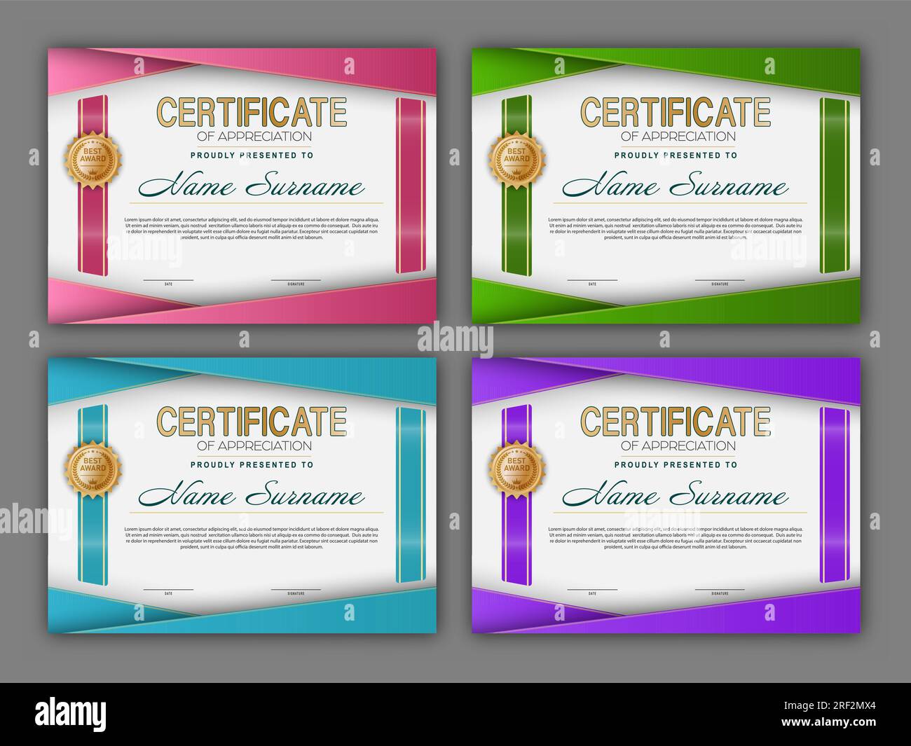 Certificate. A set of mock-ups of the certificate of recognition of education, training, achievements. Four color designs Stock Vector