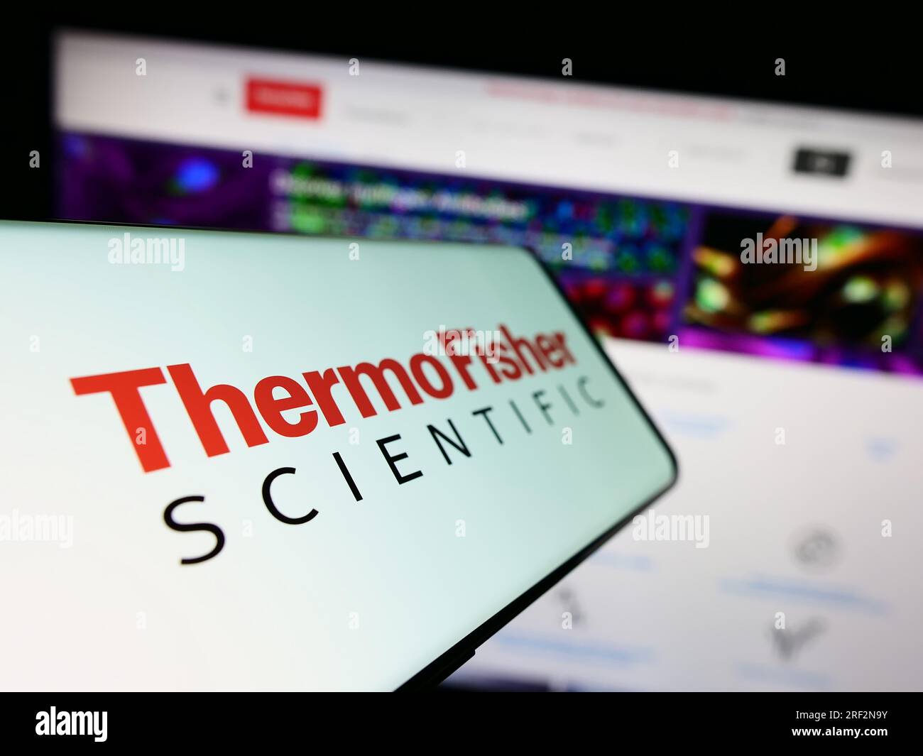 Smartphone with logo of American company Thermo Fisher Scientific Inc. on screen in front of business website. Focus on left of phone display. Stock Photo