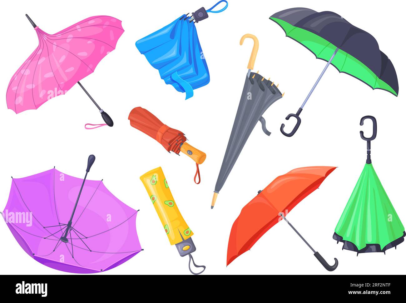 Open and folded umbrellas. Cartoon parasol and colorful waterproof