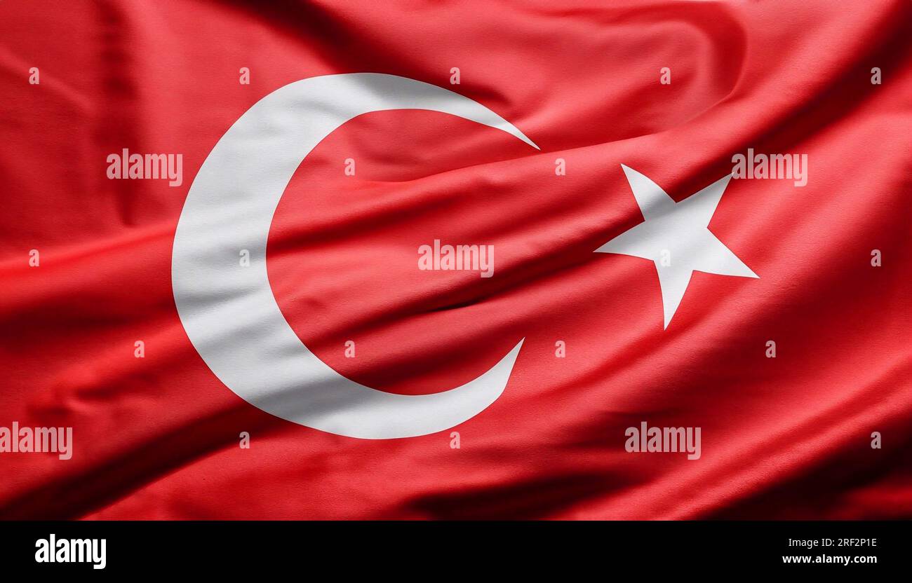 Turkey flag in the blue sky. Horizontal panoramic banner Stock Photo