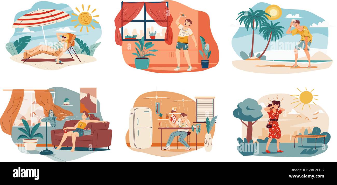 People suffer heat. Heated guys cooling down fan in sweltering house