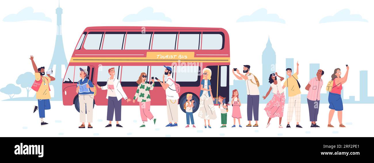 Tourist group bus. Travel tourists crowd with guide excursion at london transportation tour, foreigner tourism landmark sightseeing holiday travelling, vector illustration of bus for tourism tour Stock Vector