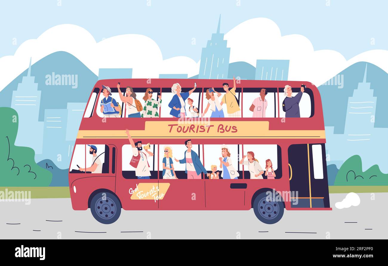 Tourists on bus excursion. Travel tourist group transfer, foreigner