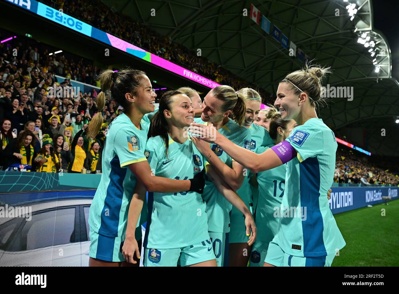 Melbourne, Australia. 31st July, 2023. Australia celebrates with Hayley  Raso after scoring her 2nd goal during the FIFA Women's World Cup 2023  soccer match between Canada and Australia at Melbourne Rectangular Stadium