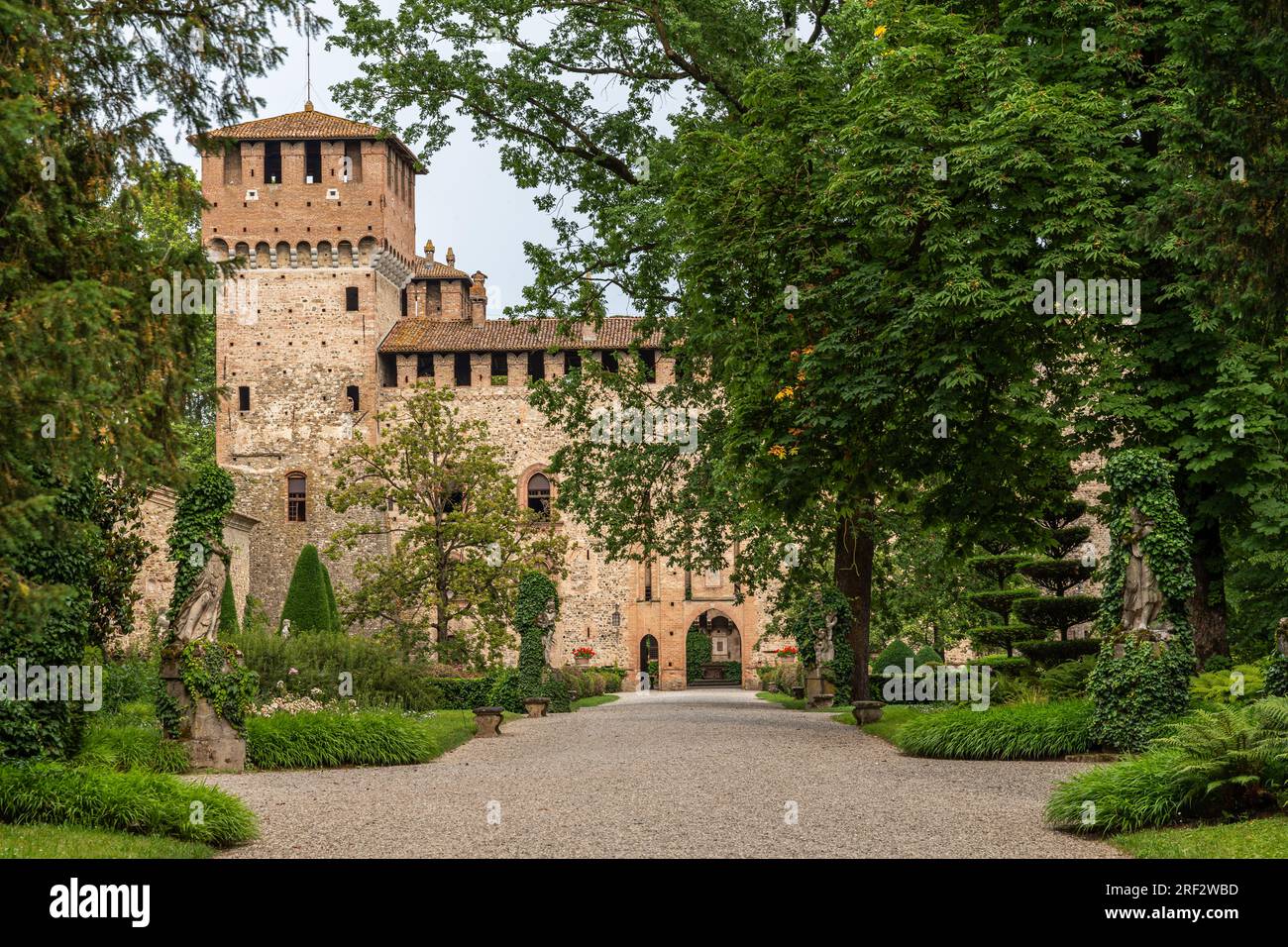 The beautiful castle of Grazzano Visconti surrounded by gardens, Emilia-Romagna, Italy Stock Photo