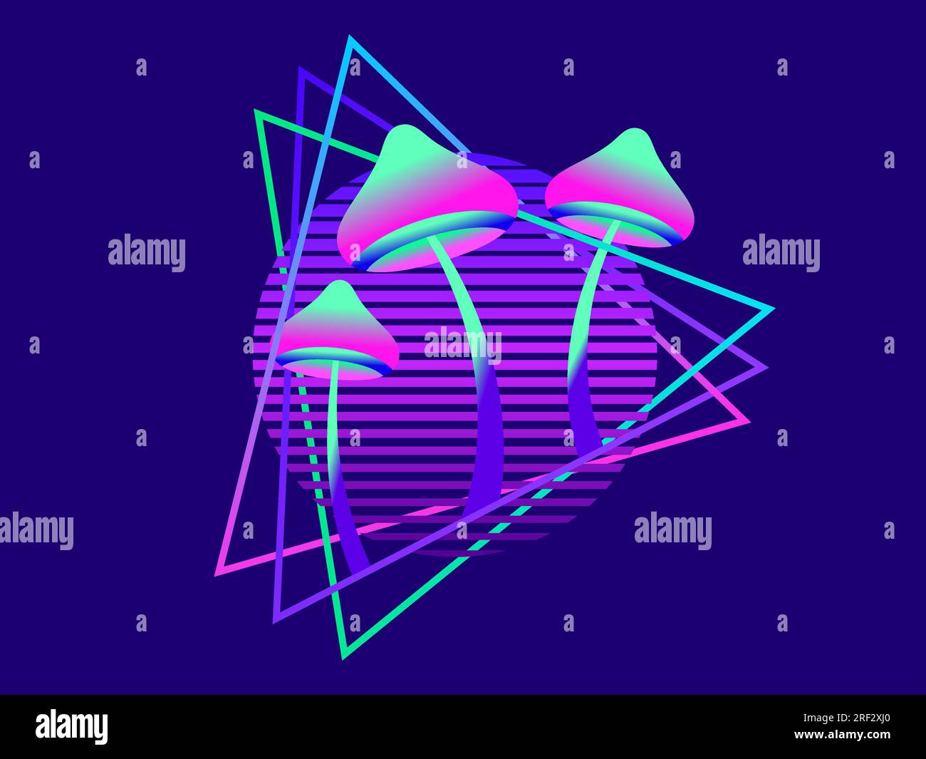 Fluorescent glowing mushrooms at sunset in 80s retro futuristic style ...