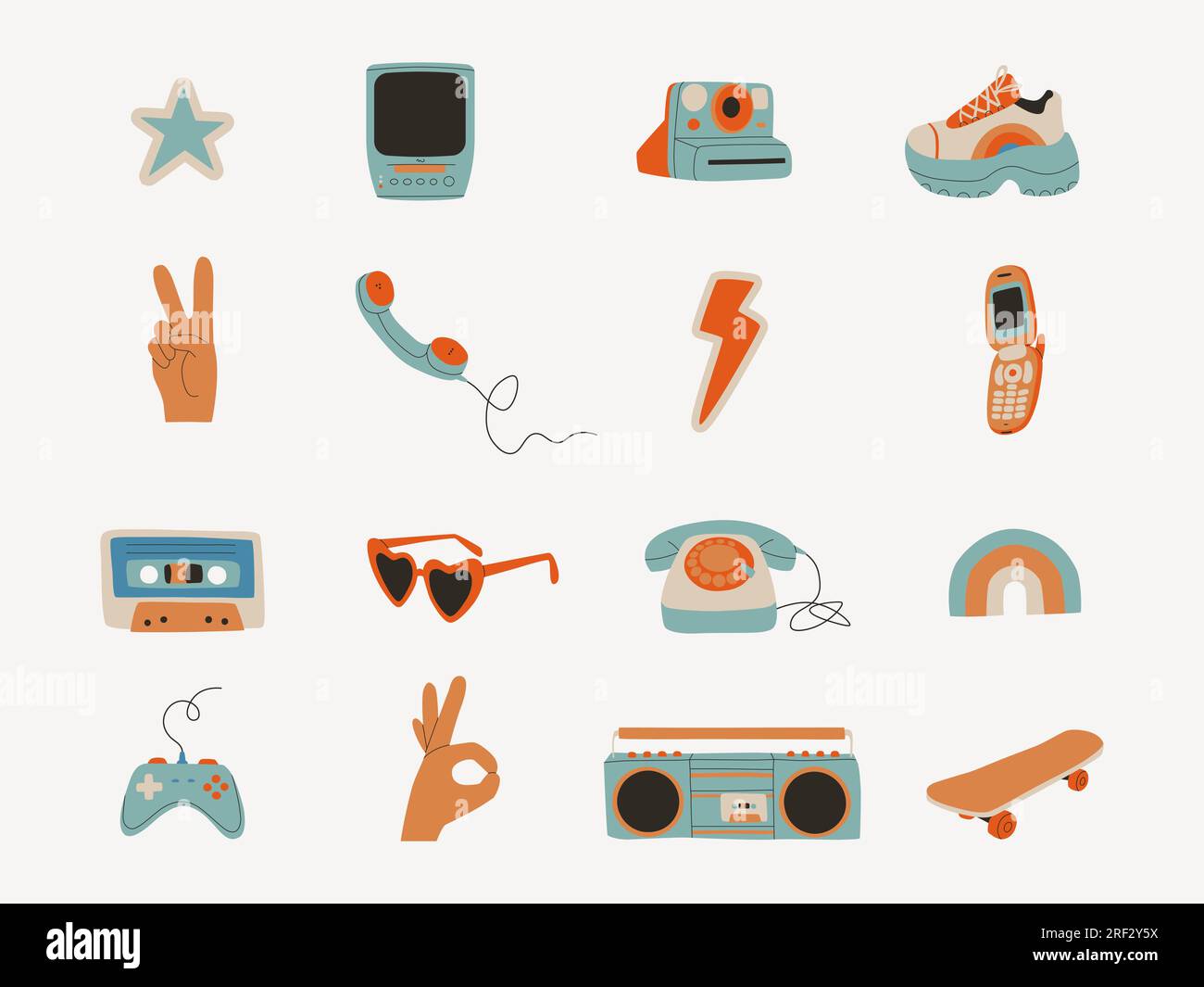 Set of retro elements from the 80s and 90s. Audio cassette, tape recorder, mobile phone, skateboard, joystick, handset phone. Vector flat trend Stock Vector