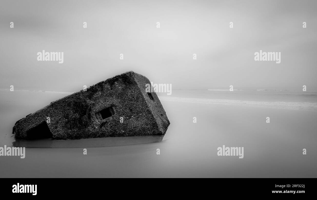 The disappearing WW2 pill box on the Moray coastline, Roseisle, Scotland. Black and white Stock Photo