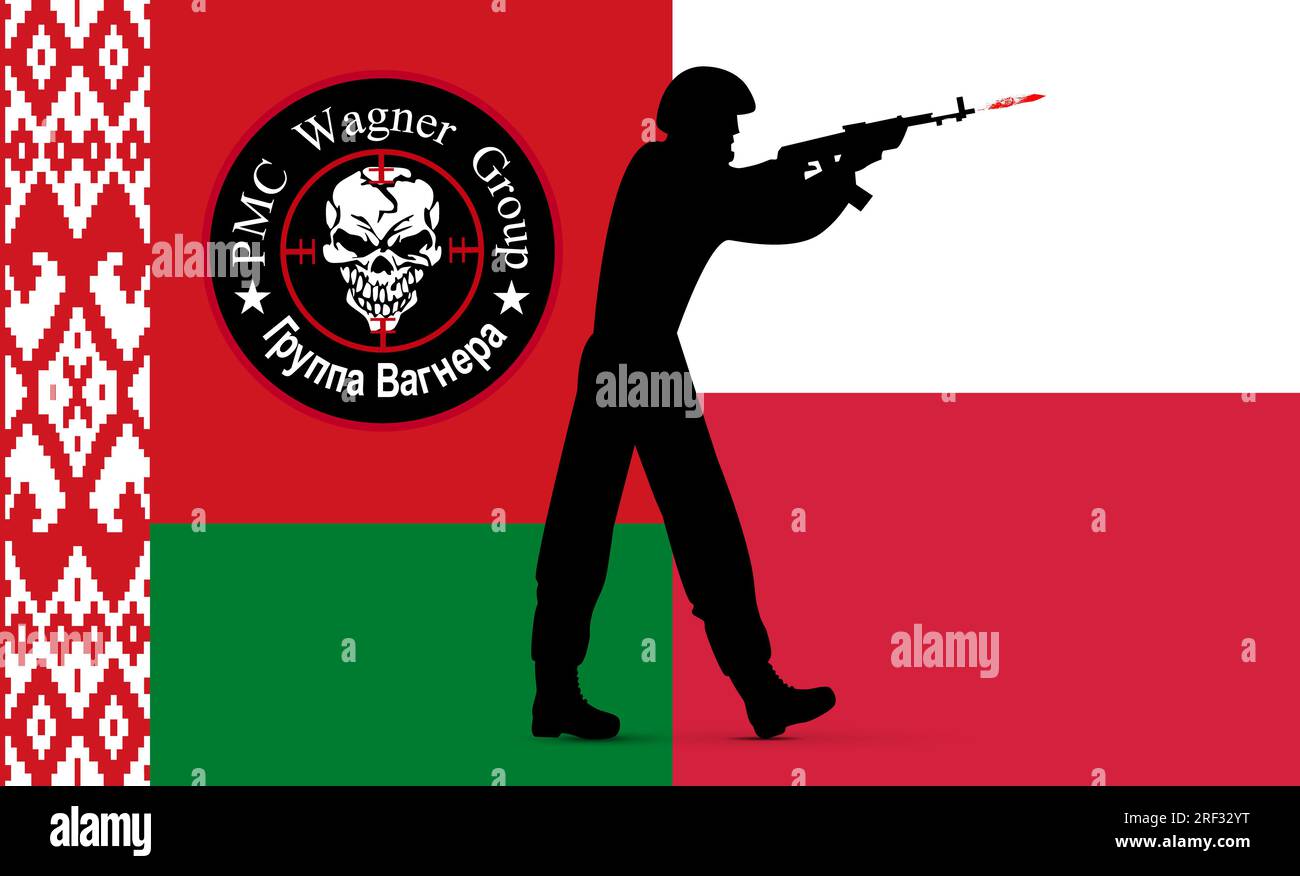 2023 militant PMC Wagner against the background of the flags of Belarus and Poland. Stock Photo