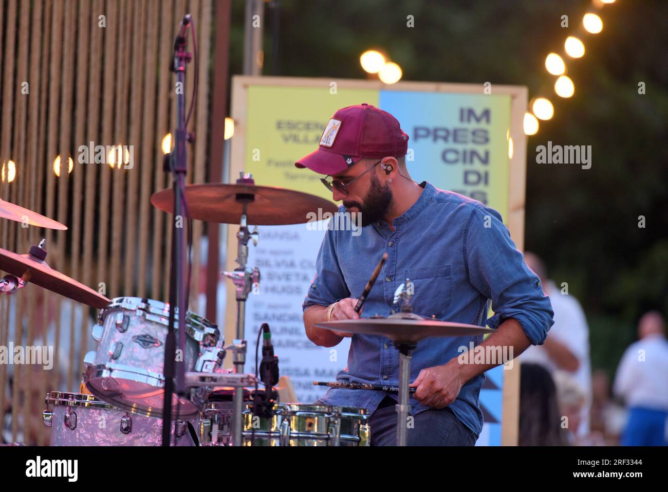 Sitges, Spain. 30th July, 2023. Drummer Victor Solana during the  performance of Beston & Juanlu at the Festival Jardins de Terramar. Betson  & Juanlu Leprovost Victor Solana, is made up of musicians