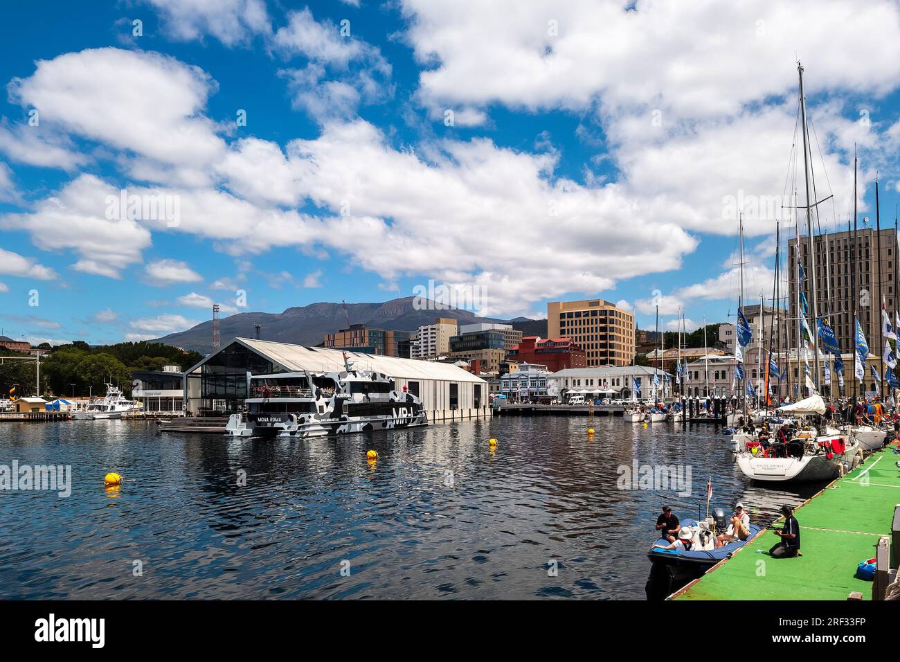 Elizabeth Street Pier at Hobart city, in Tasmania, Australia, Oceania. Hobart is the capital and most populous city of the island state of Tasmania. Stock Photo