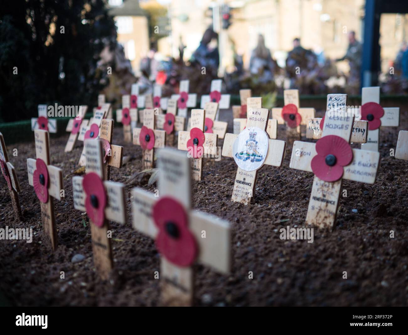 Remembrance crosses in the church yard at St. Mary's Church in Banbury for Remembrance Day 2019. Stock Photo