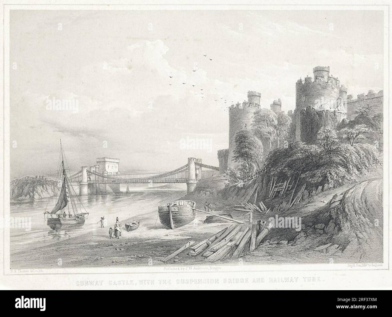 Conway Castle, With The Suspension Bridge And Railway Tube circa 1845 ...