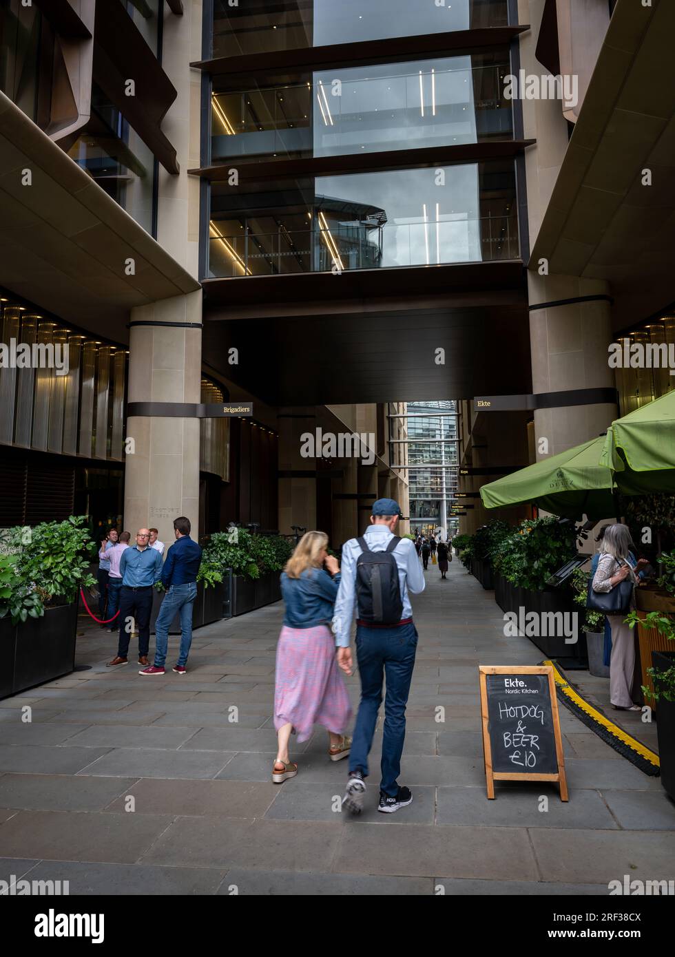 London, UK: Bloomberg Arcade, a pedestrian street with restaurants in the City of London between Queen Victoria Street and Walbrook. Stock Photo