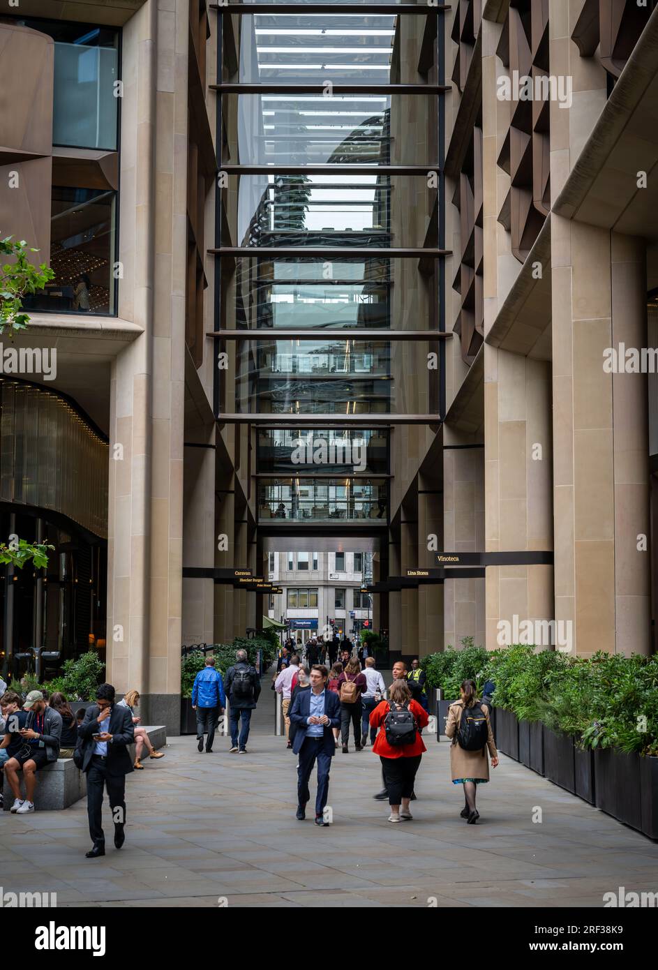 London, UK: Bloomberg Arcade, a pedestrian street with restaurants in the City of London between Queen Victoria Street and Walbrook. Stock Photo