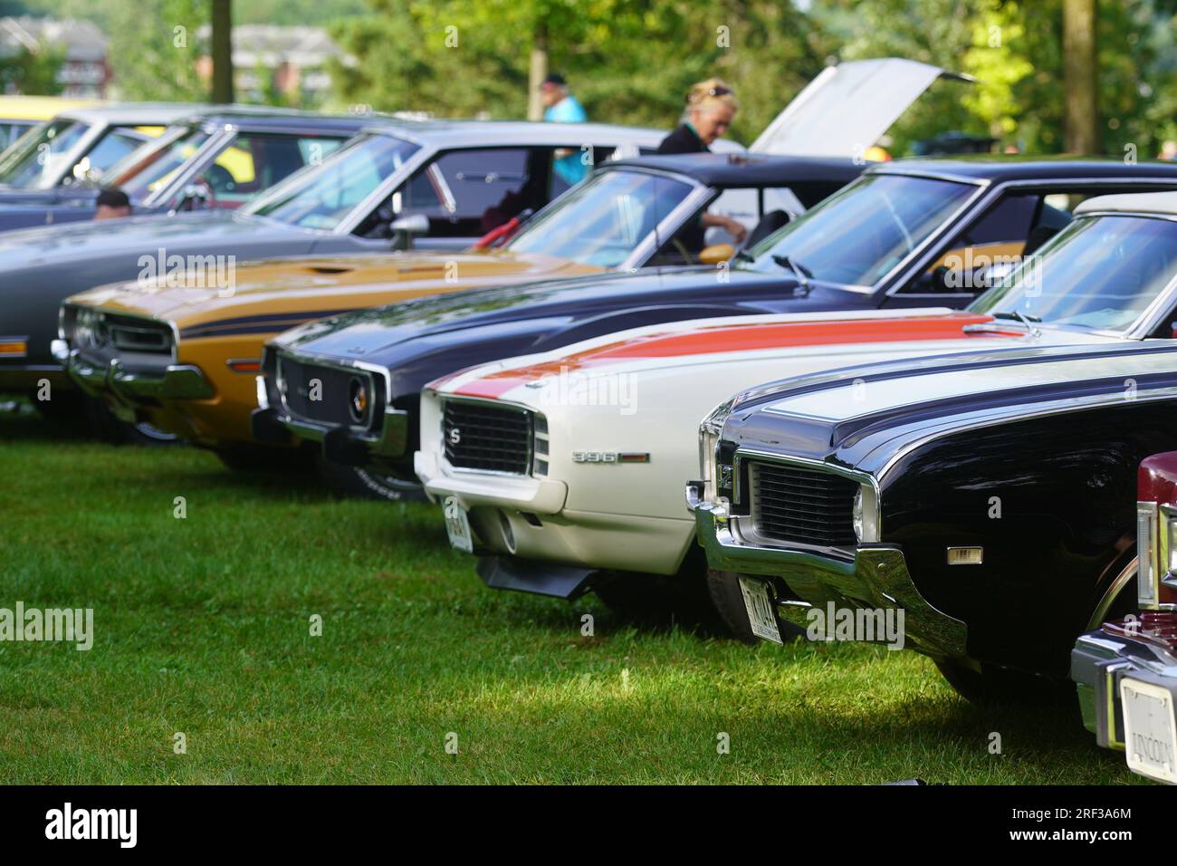 Row of American muscle cars a t a car show. Stock Photo