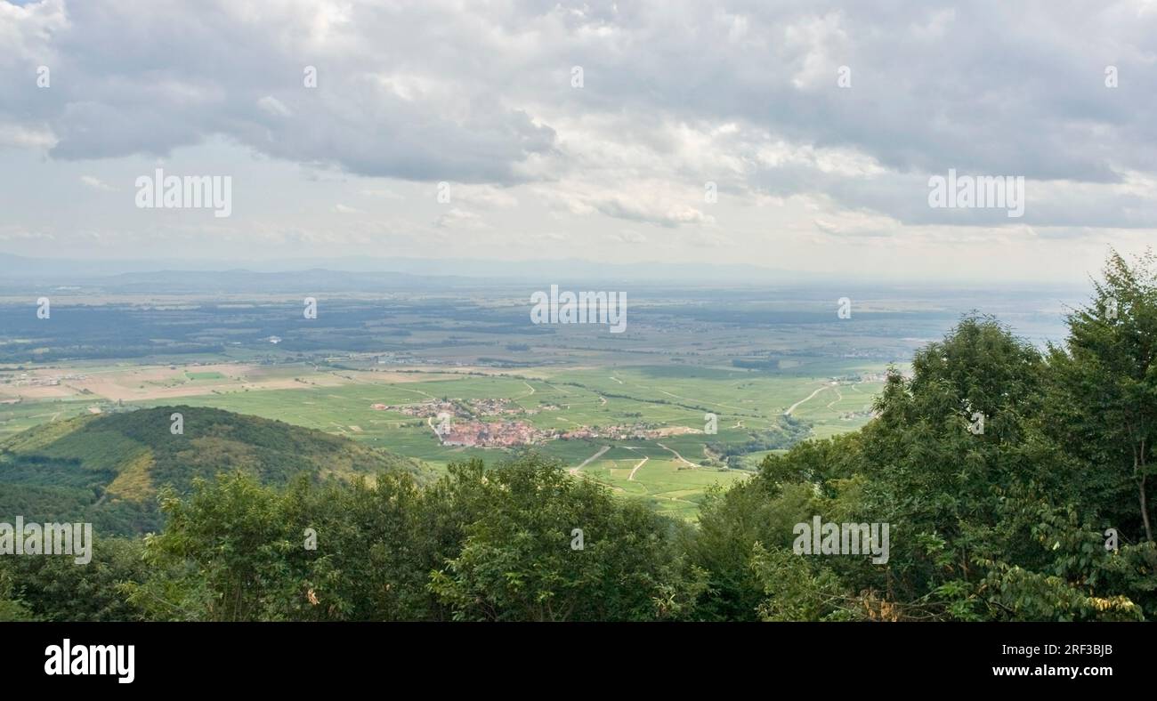 aerial view around the Haut-Koenigsbourg Castle, a historic castle located in a area named "Alsace" in France Stock Photo