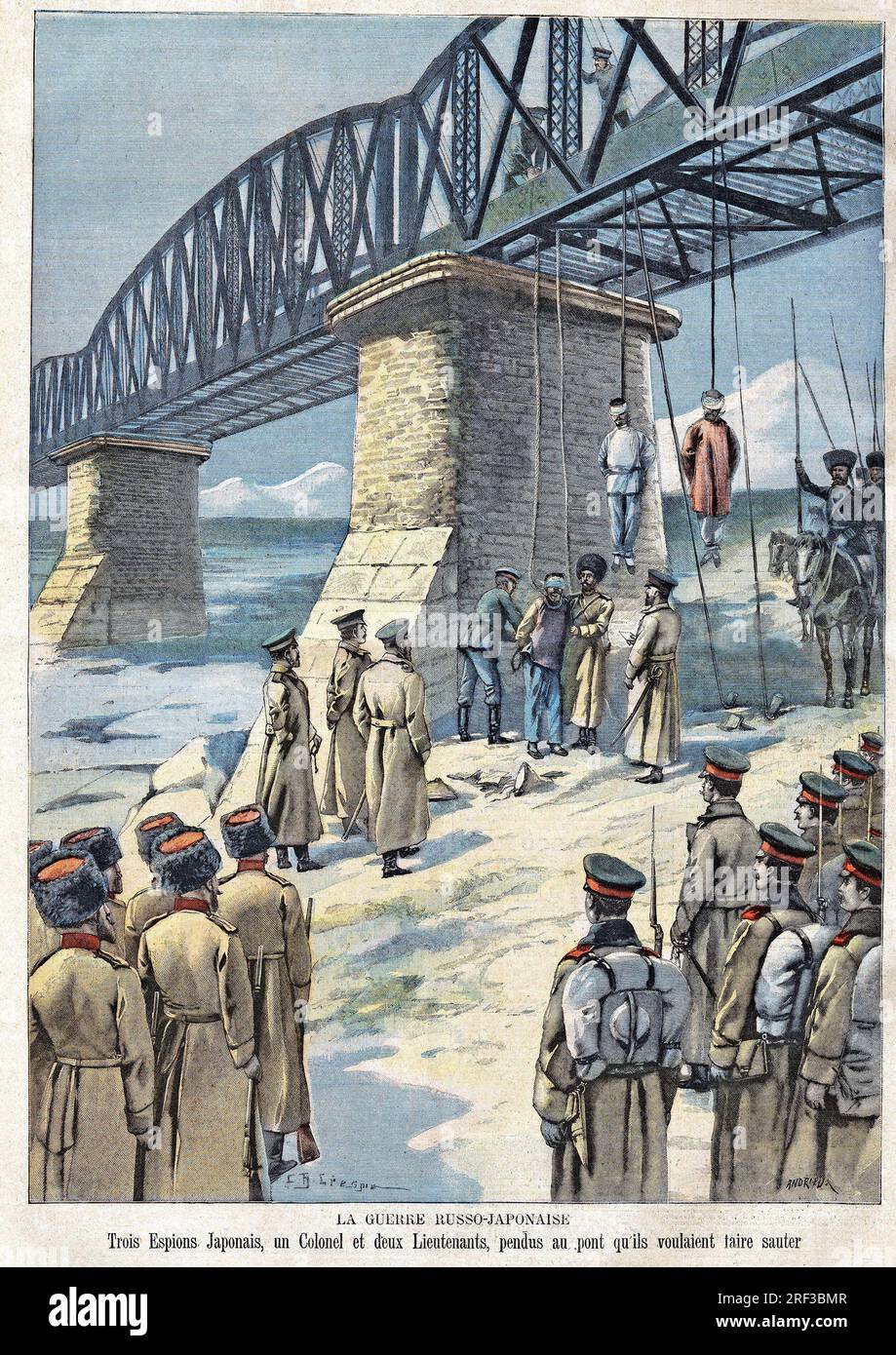 Pendaison de 3 espions Japonais par les Russes, qui projetaient de faire sauter le pont. Gravure in 'Le Petit Parisien', le 13031904. Stock Photo