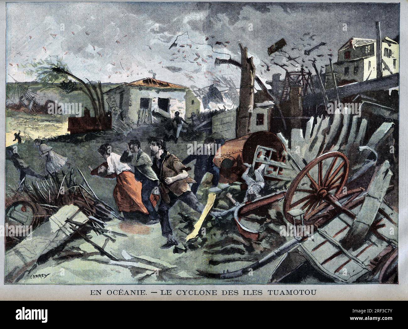 Le 15 janvier 1903, passage d'un cyclone sur les iles Tuamotu en Oceanie. Gravure in 'Le Petit Parisien', le 01031903. Stock Photo