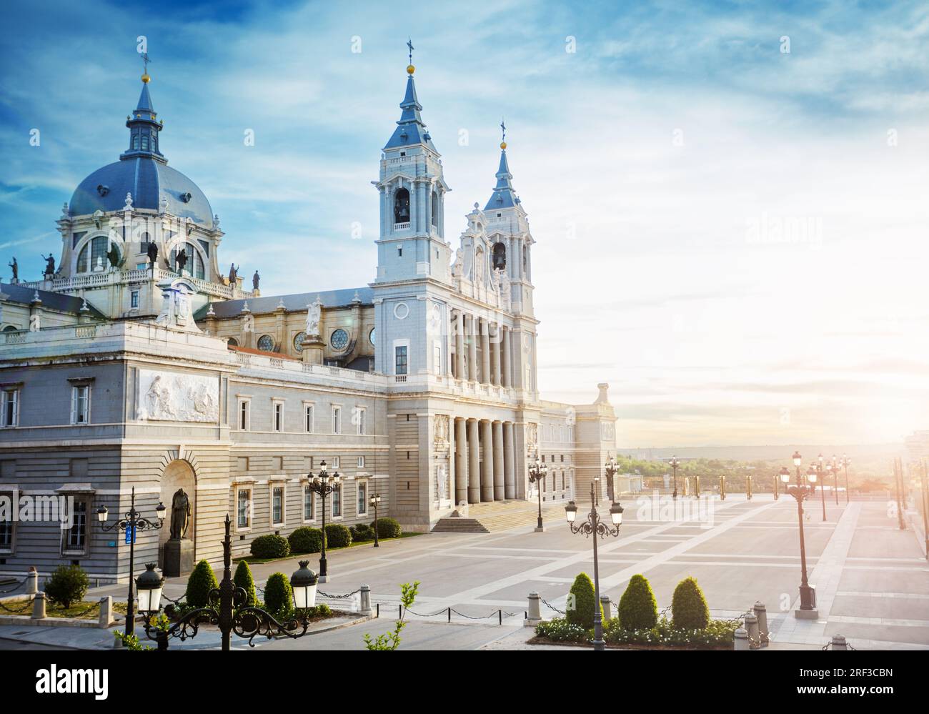 Almudena Cathedral from Larra Garden and Plaza Armeria square Stock Photo