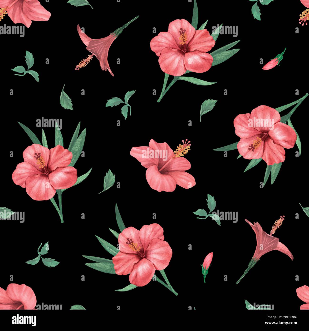 Tropical floral foliage hibiscus, leaves and budsflower seamless pattern background. Exotic jungle wallpaper. Hand drawn watercolor on black Stock Photo