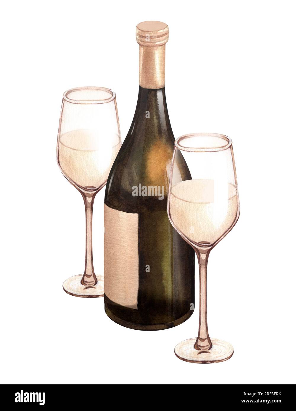 Watercolor illustration of the bottle and one glass of white wine ...