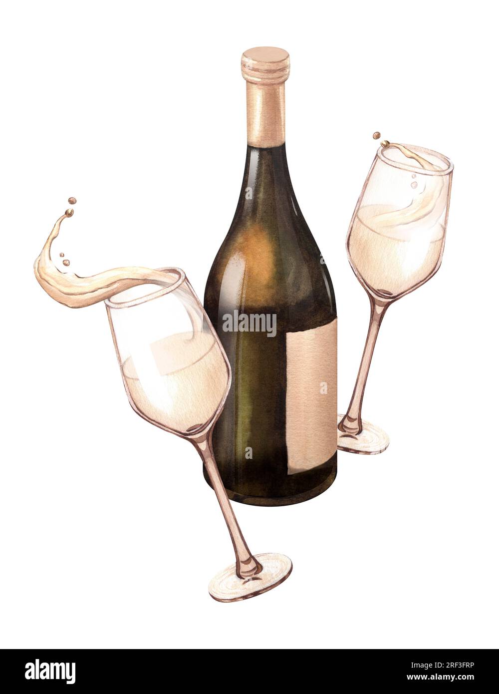 Watercolor illustration of the bottle and one glass of white wine. Picture of a alcoholic drink isolated on the white background. Concept for wine Stock Photo