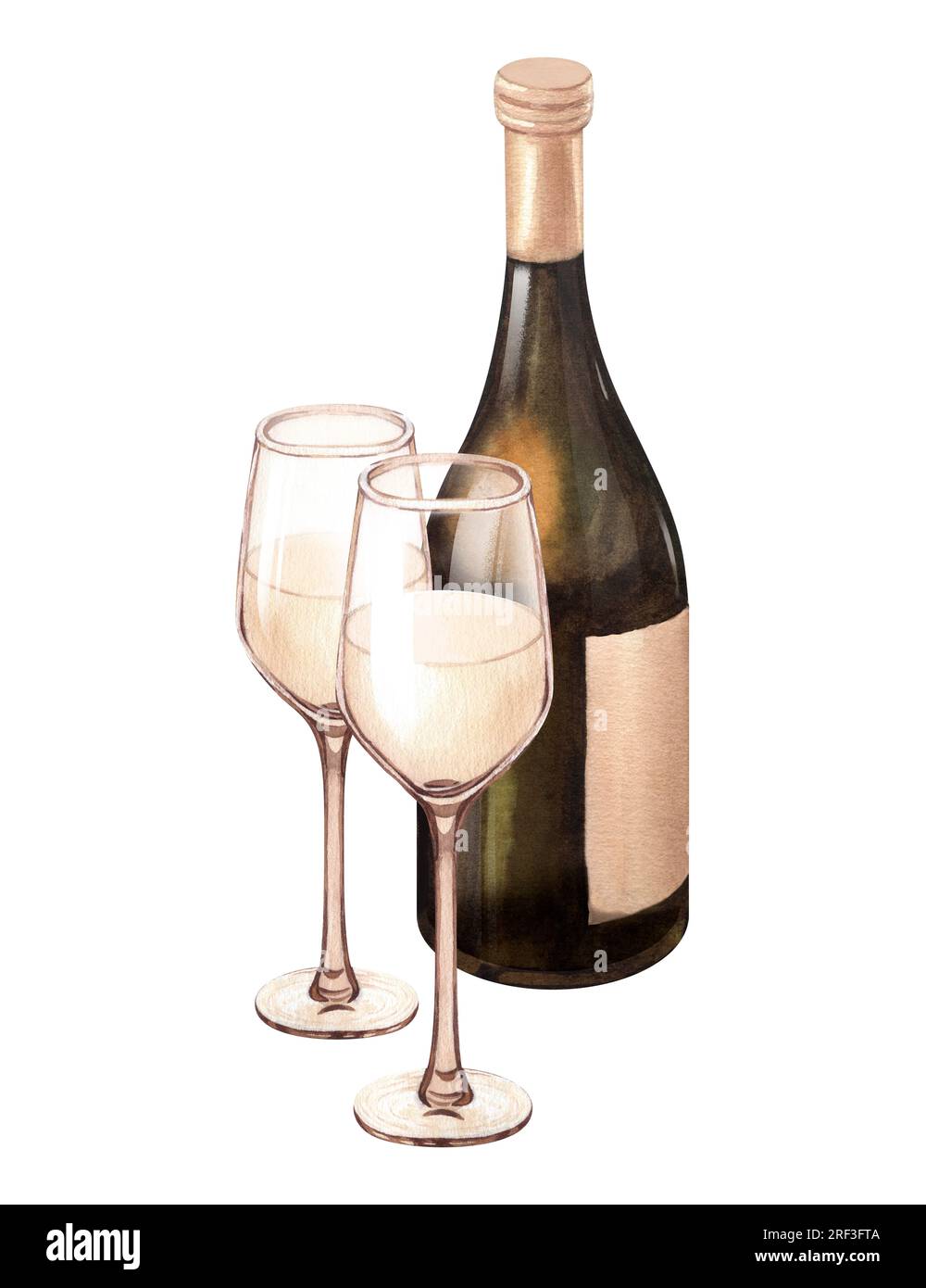 Watercolor illustration of the bottle and one glass of white wine ...