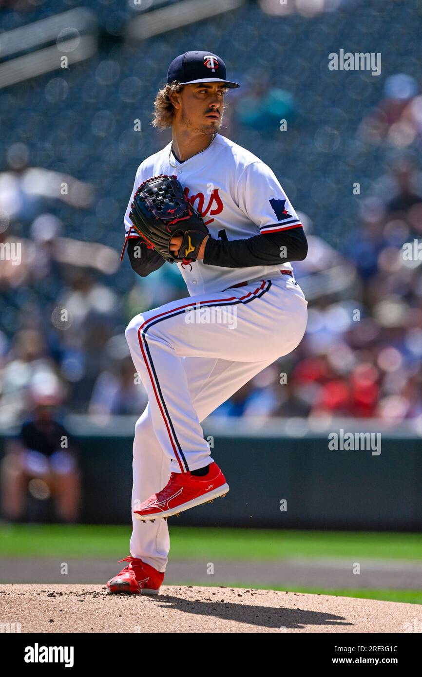 MINNEAPOLIS, MN - JULY 26: Minnesota Twins Pitcher Joe Ryan (41) delivers a  pitch during a MLB game between the Minnesota Twins and Seattle Mariners on  July 26, 2023, at Target Field