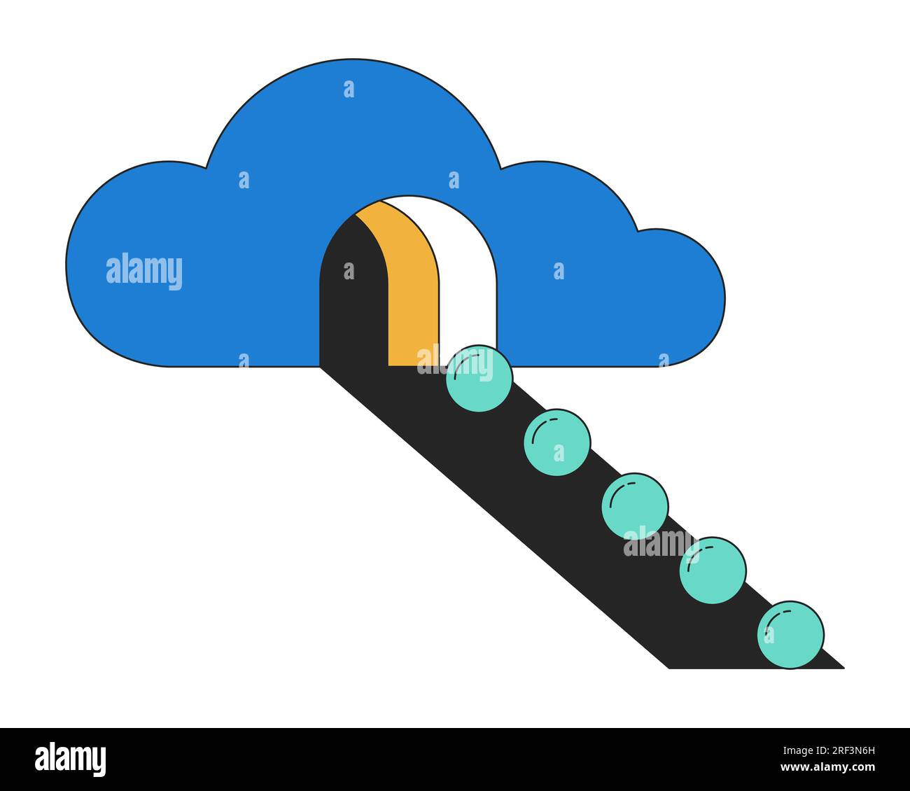 Spheres rolling out surreal cloud flat line color isolated conceptual clipart Stock Vector