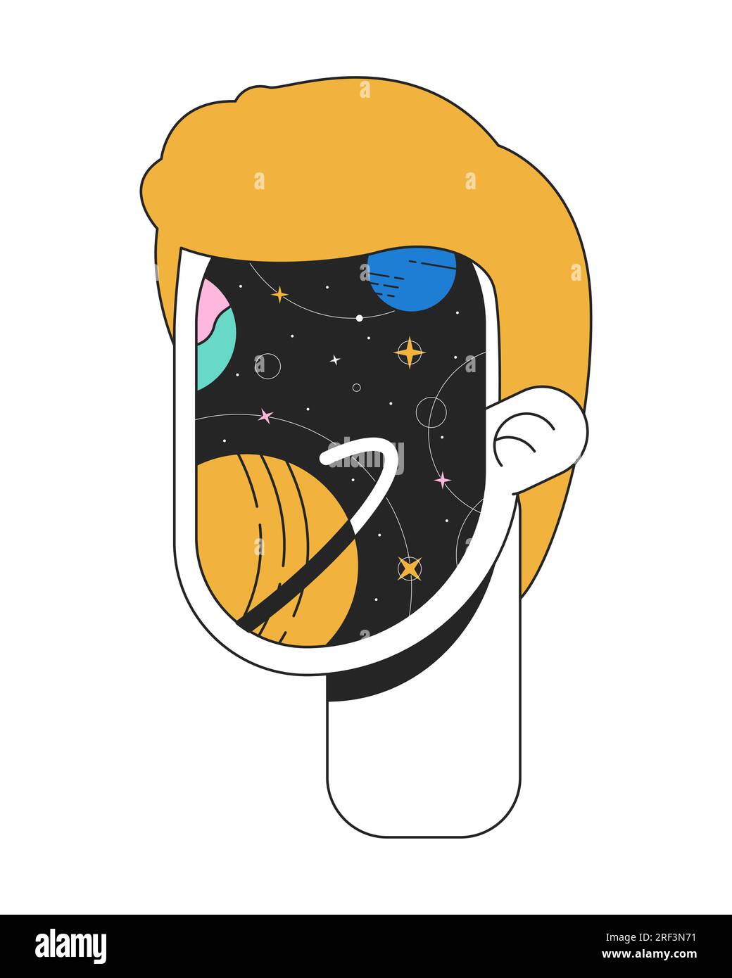 Surrealism man with cosmic face flat line color isolated conceptual clipart Stock Vector