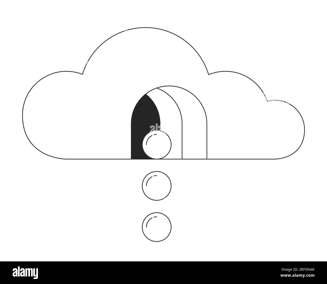Spheres dropping from surreal cloud flat monochrome isolated conceptual clipart Stock Vector