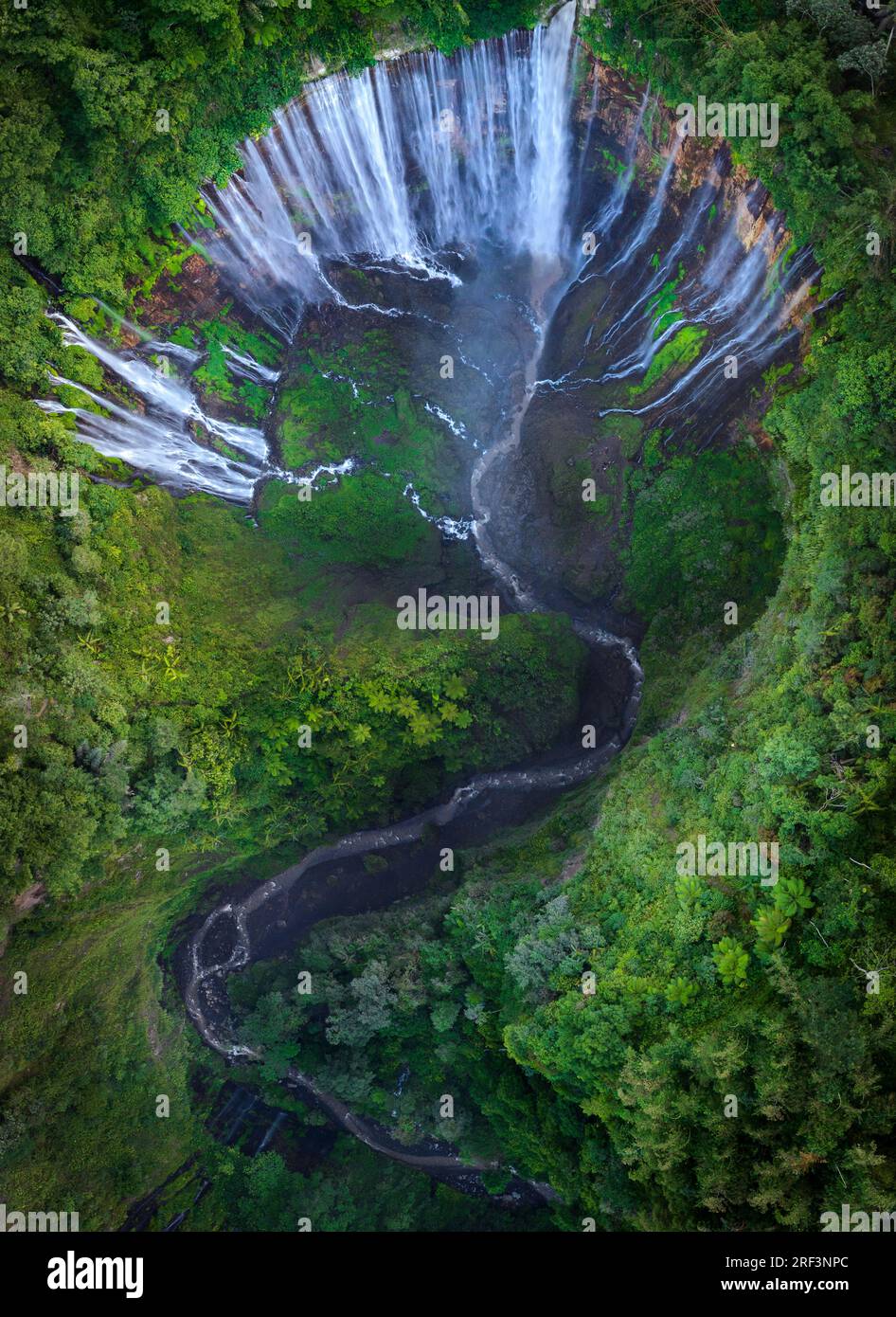 Aerial top view from above of Tumpak Sewu waterfall in Malang, East Java, Indonesia Stock Photo