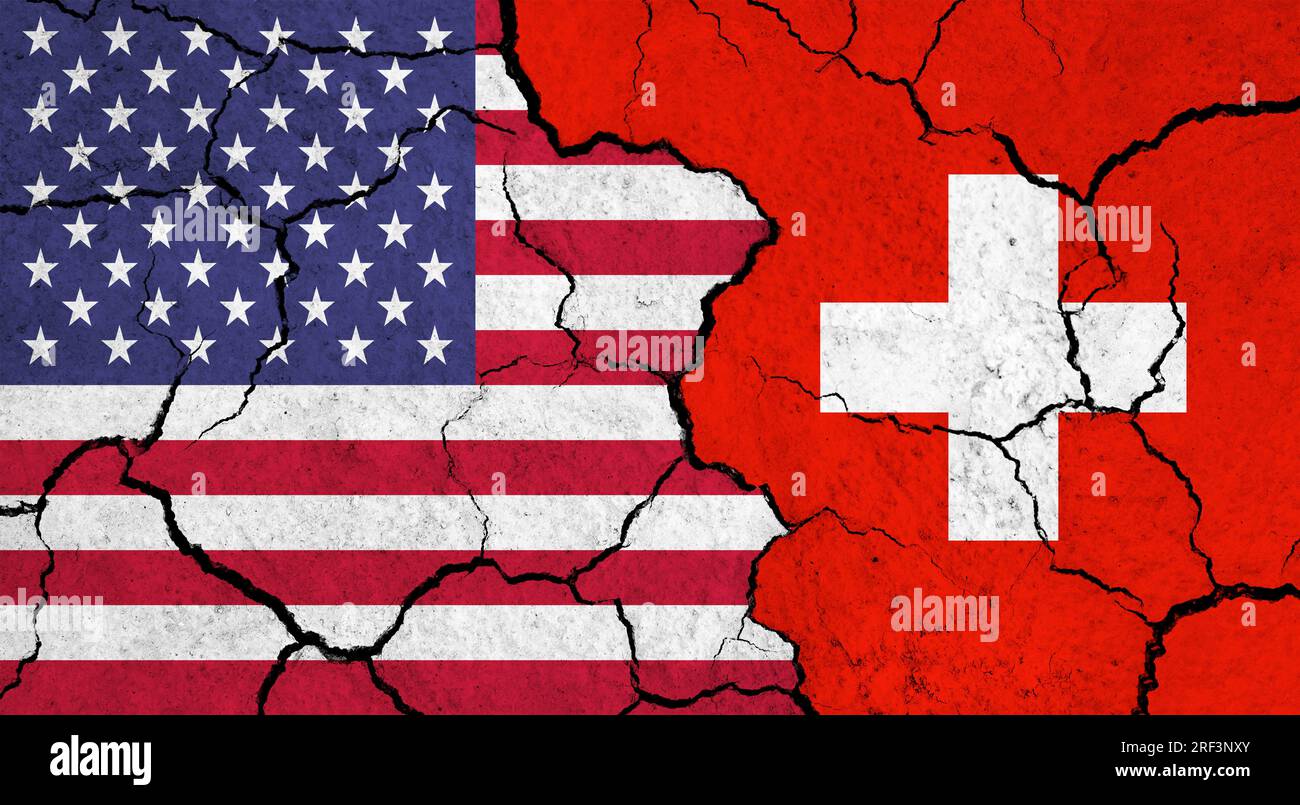 Flags of USA and Switzerland on cracked surface - politics ...