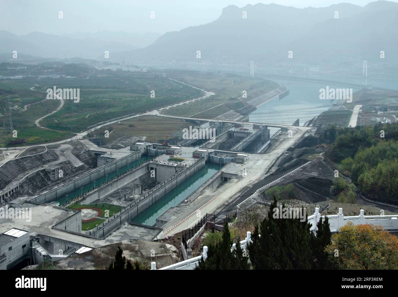 foggy aerial view of the Three Gorges Dam at Yangtze River in China Stock Photo