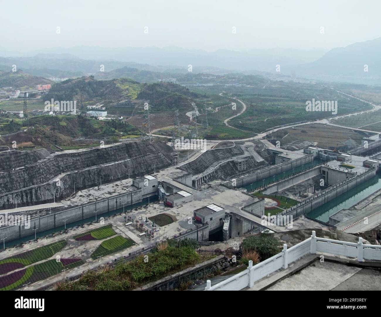 foggy aerial view of the Three Gorges Dam at Yangtze River in China Stock Photo