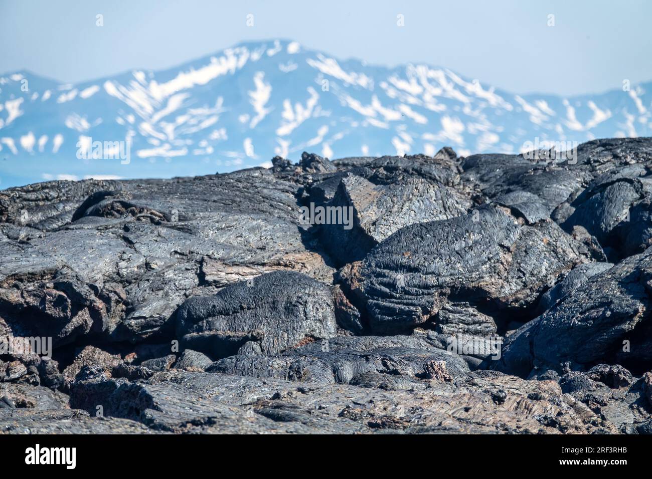 Variety of forms of basalt solidified lava: discoidal lava, viscous lava, cake. Kamchatka Stock Photo
