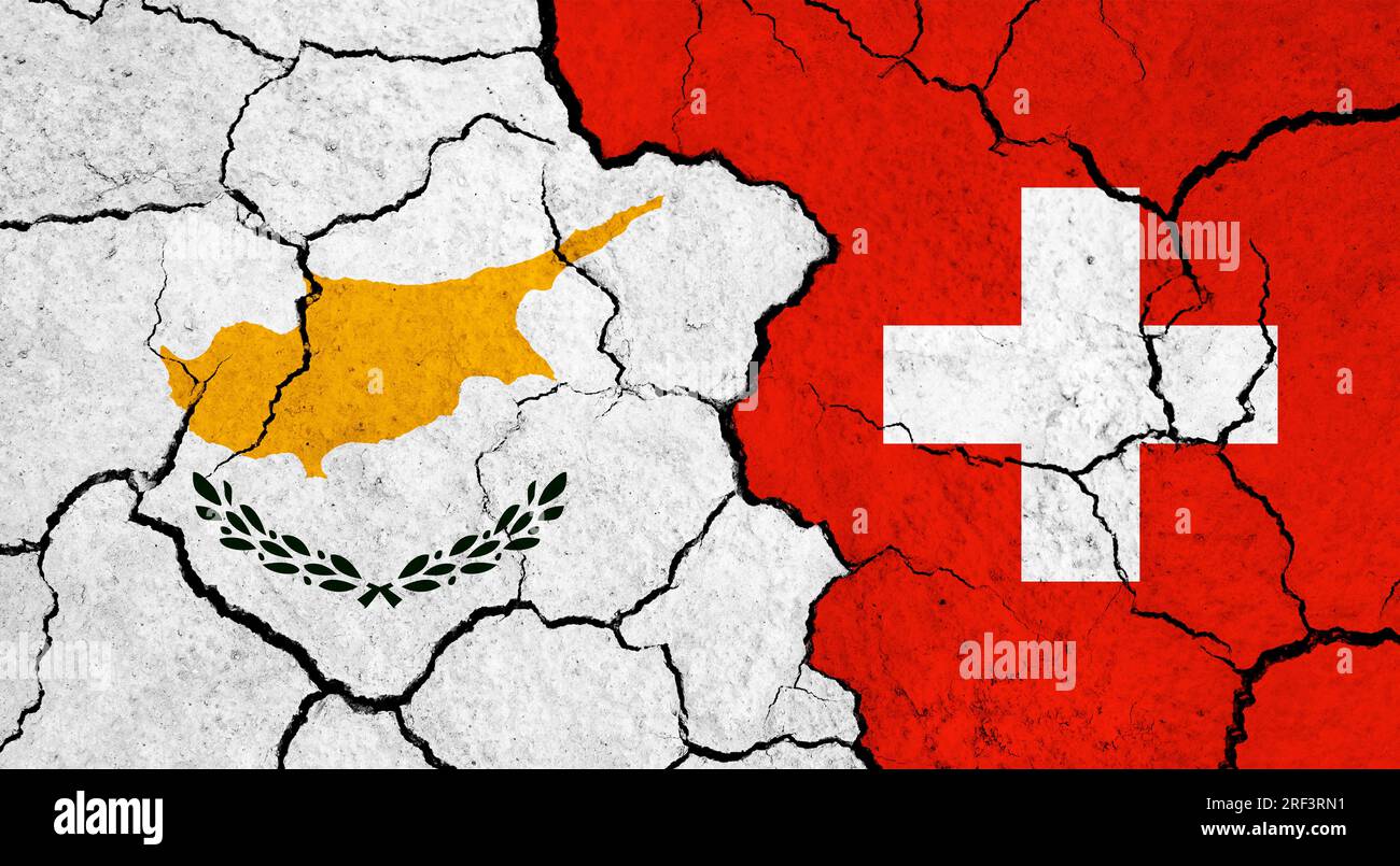 Flags of Cyprus and Switzerland on cracked surface - politics ...