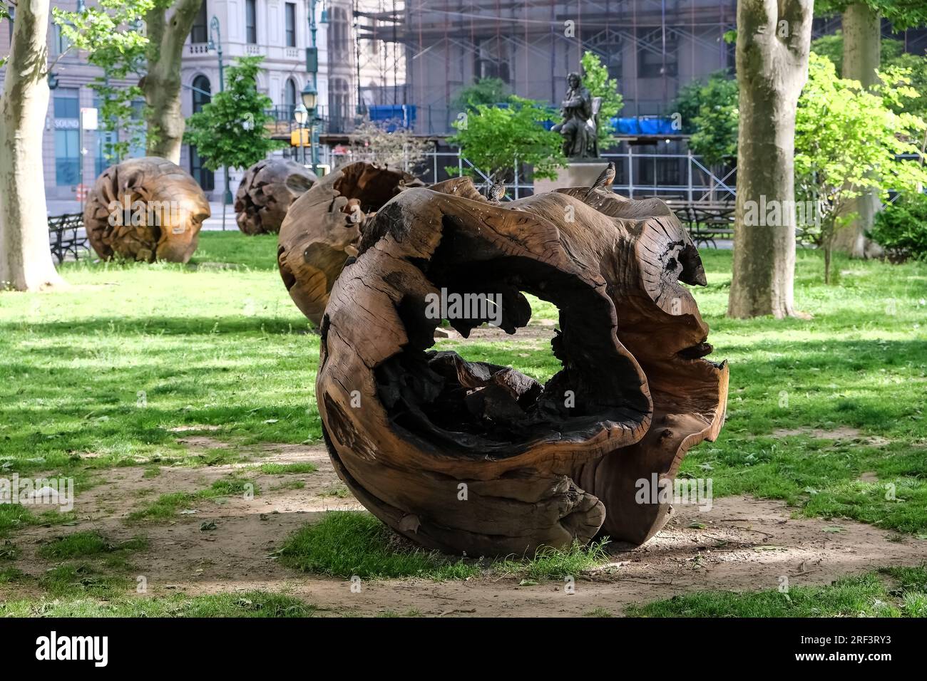 View of Thomas Paine Park, a small triangular park located in the Civic Center neighborhood of Lower Manhattan, New York City Stock Photo