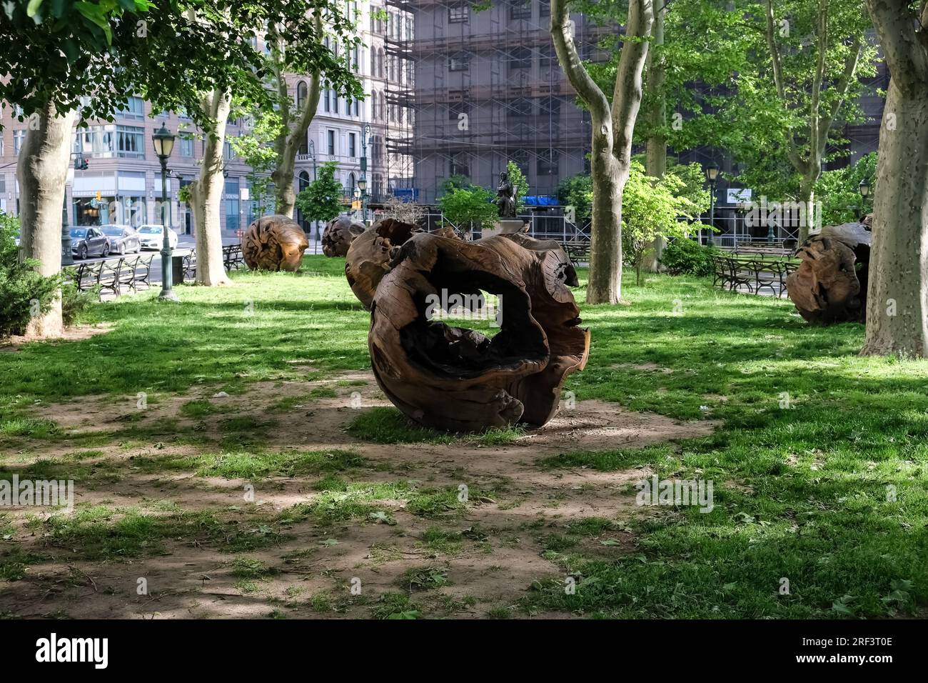 View of Thomas Paine Park, a small triangular park located in the Civic Center neighborhood of Lower Manhattan, New York City Stock Photo