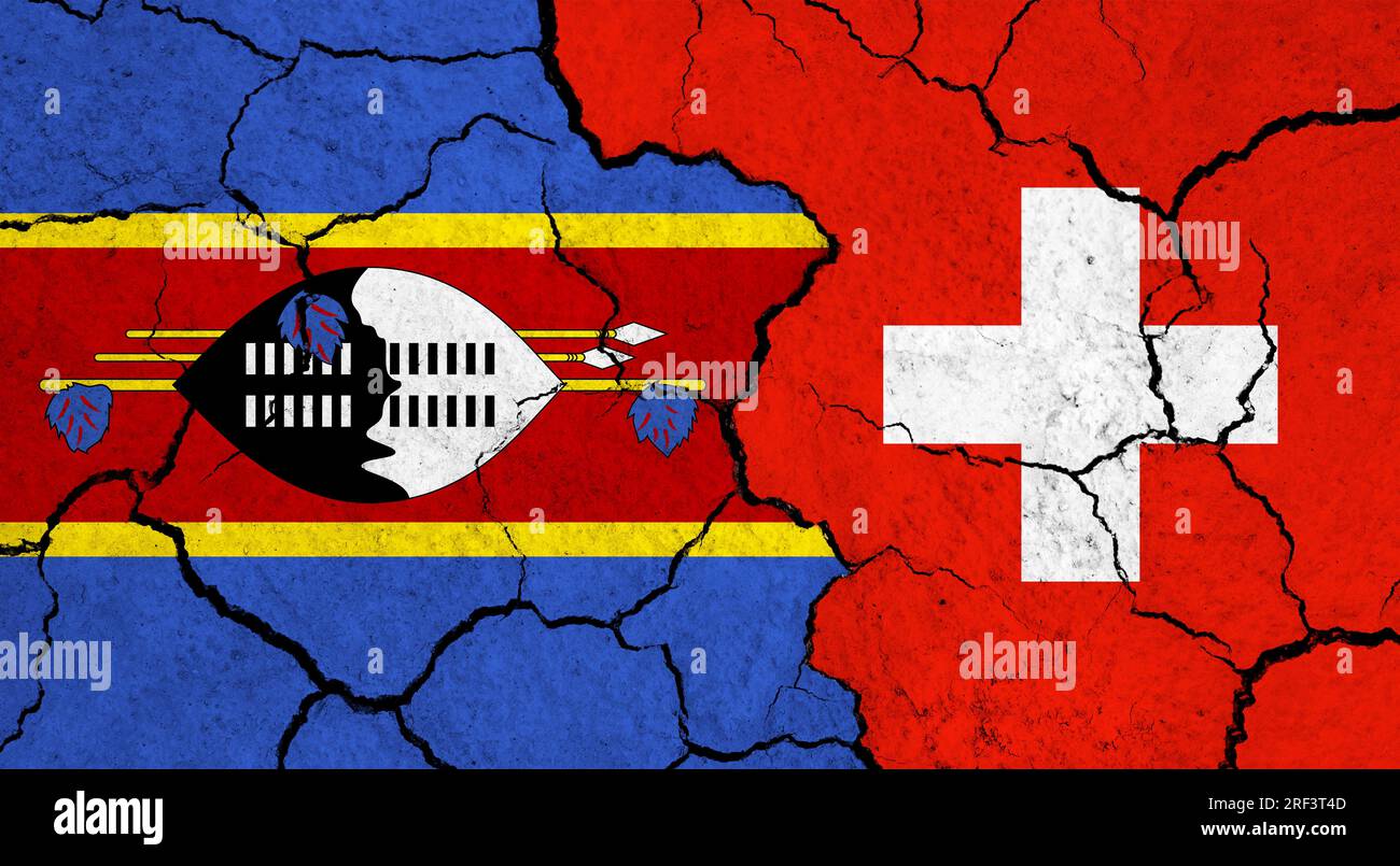 Flags of Eswatini and Switzerland on cracked surface - politics
